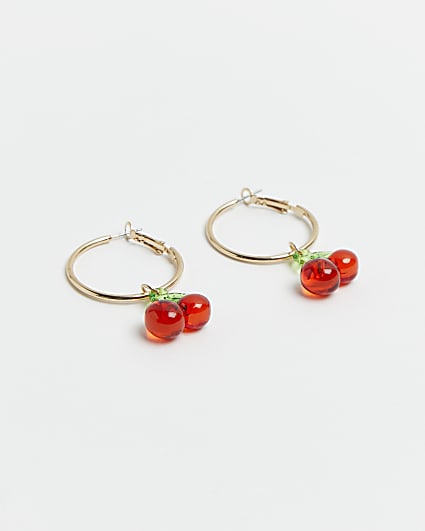 Red cherry drop hoop earrings
