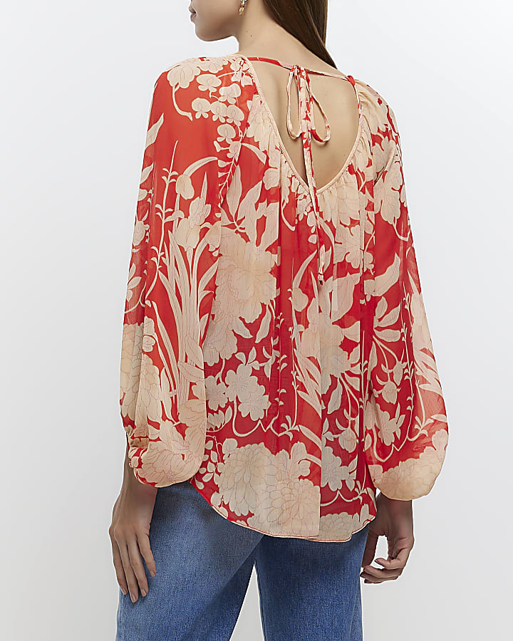 Red chiffon floral blouse