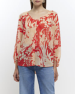 Red chiffon floral blouse