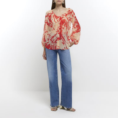 Red chiffon floral blouse