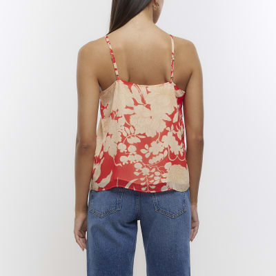 Red chiffon floral corsage cami top