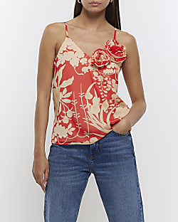 Red chiffon floral corsage cami top