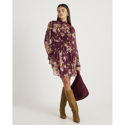 Red Chiffon Floral Long Sleeve Mini Dress