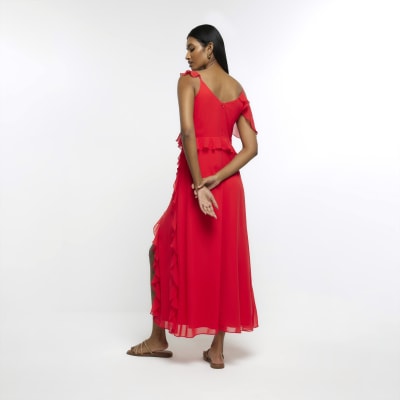 Red chiffon frill slip maxi dress