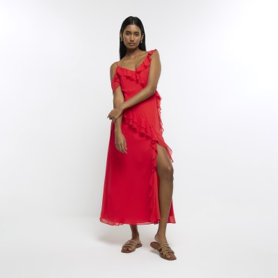 Frill wrap detail hot sale chiffon maxi dress