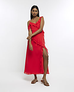 Red chiffon frill slip maxi dress