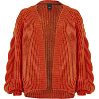 Red chunky cable knit cardigan
