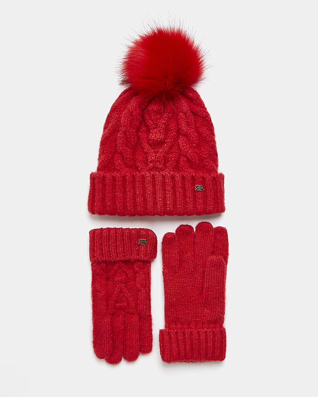 Red chunky knit beanie hat and gloves set