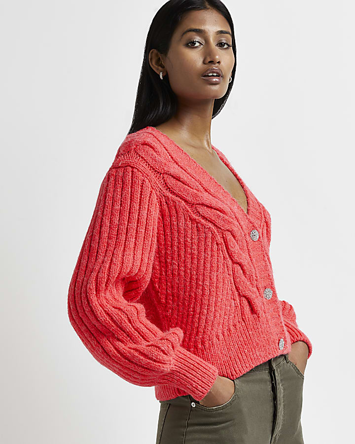 Red chunky knit cardigan