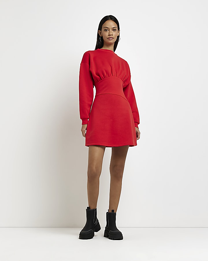 Red cinched waist sweatshirt mini dress