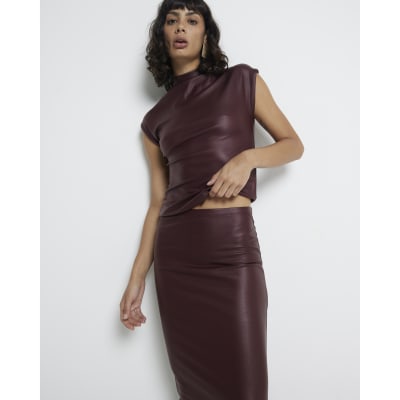 Red Coated Midi Skirt River Island