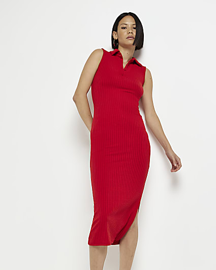 Red collared midi dress