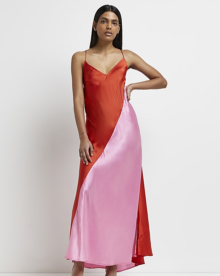 Red colour block backless maxi dress
