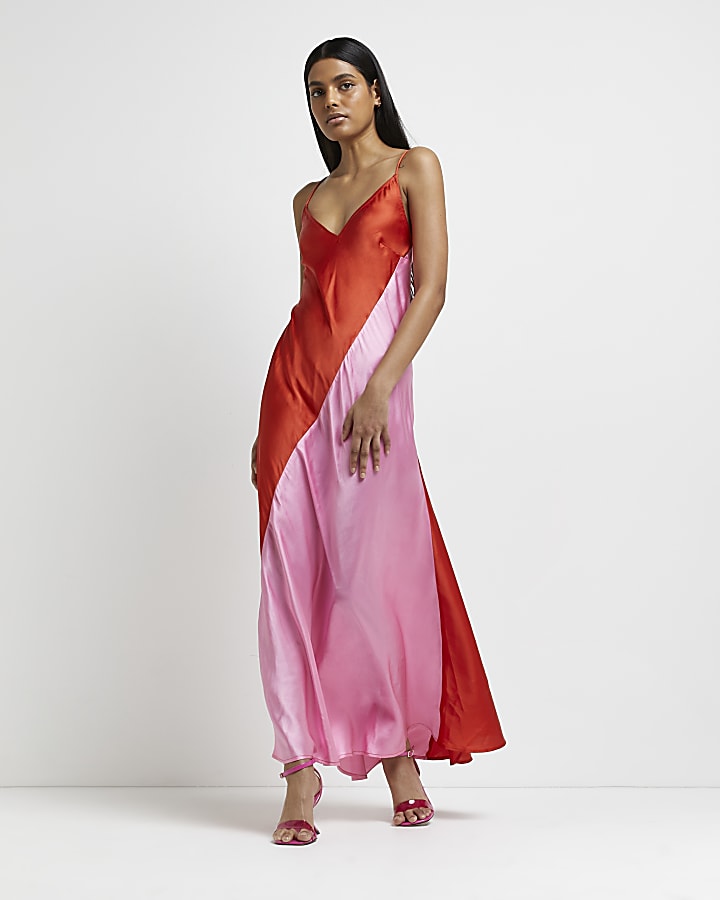 Red colour block backless maxi dress