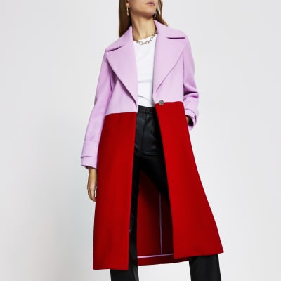 Red colour block longline coat