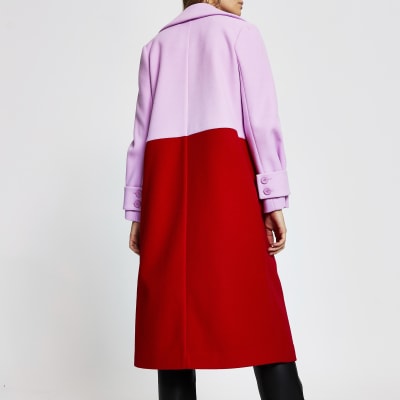 Red colour block longline coat