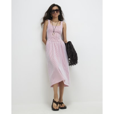 river island cotton dresses Orange Cotton Blend Texture Stripe Midi Dress