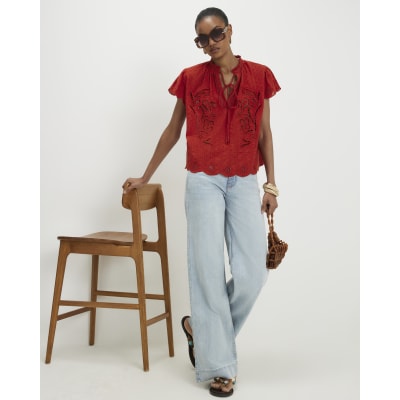 Red Cotton Broderie Tie Neck Blouse