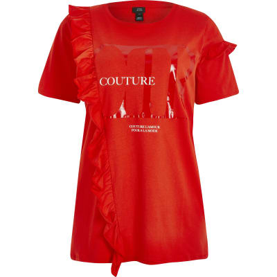 Red 'Couture' frill front t-shirt