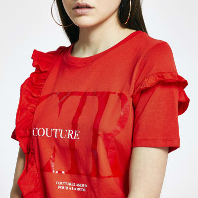 Red 'Couture' frill front t-shirt