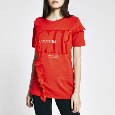 Red 'Couture' frill front t-shirt