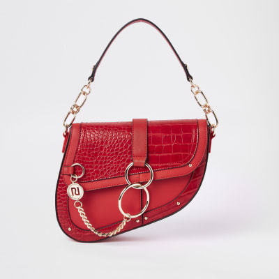 Red croc embossed saddle underarm bag