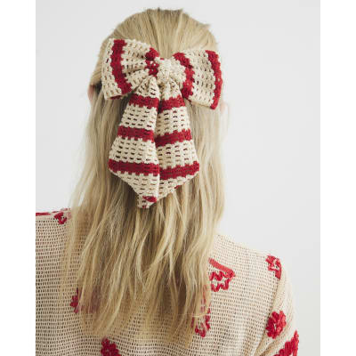 Red Crochet Striped Bow Hair Clip
