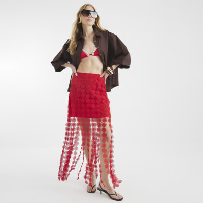 Red Crochet Tassel Midi Skirt