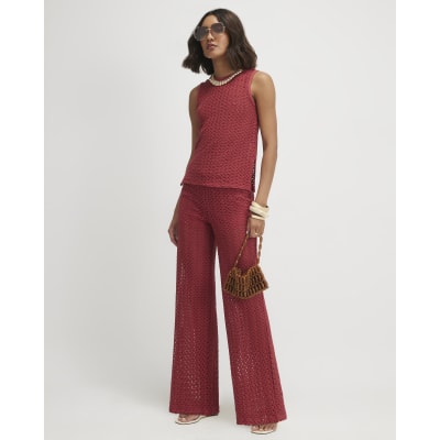 Red Crochet Wide Leg Trousers