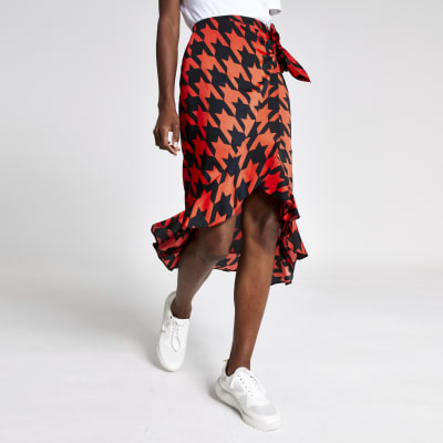 Red dogtooth check frill midi skirt River Island