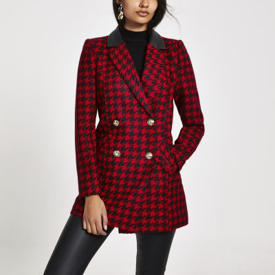 Red dogtooth print double breasted jacket | River Island