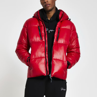 Red double zip pocket puffer jacket | River Island