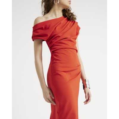 Red Drape Off Shoulder Bodycon Midi Dress | River Island