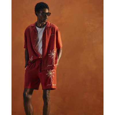 Red Drawstring Embroidered Roping Shorts