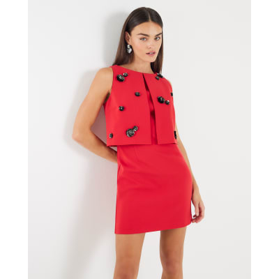 Red Embellished Layered Mini Shift Dress