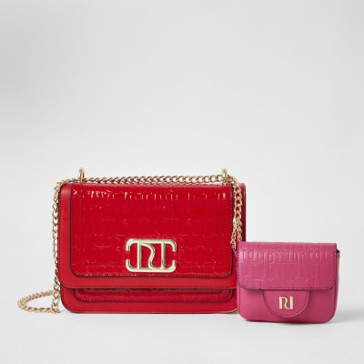Red embossed satchel with detachable pouch