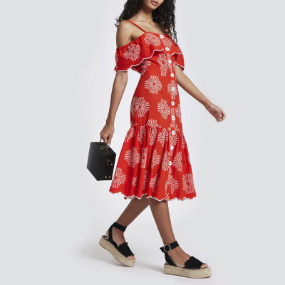Red embroidered button through cami dress