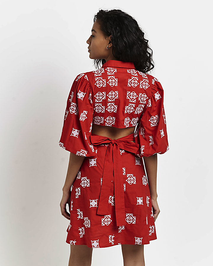Red embroidered mini shirt dress
