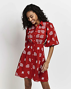 Red embroidered mini shirt dress