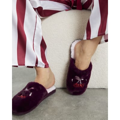 Red Embroidered Mule Cherry bow Slippers