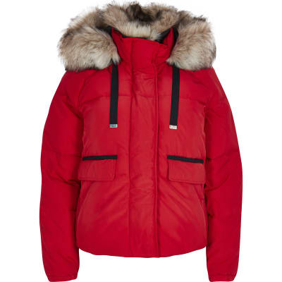 red padded jacket with fur hood