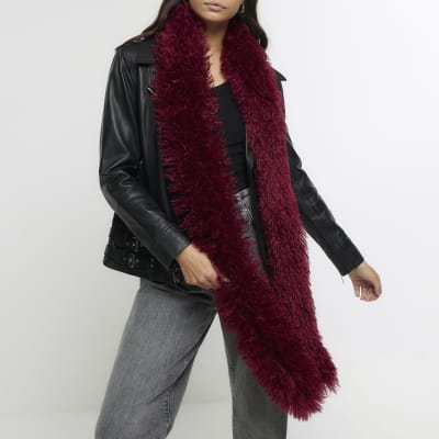 Red faux fur scarf River Island