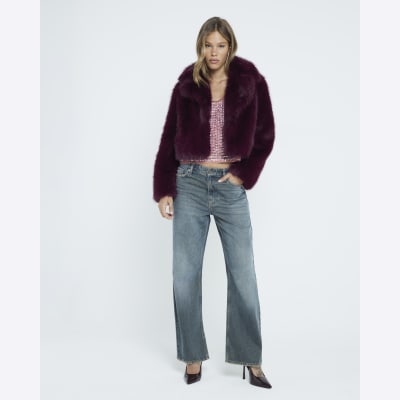 Red Faux Fur Short Plush Jacket River Island