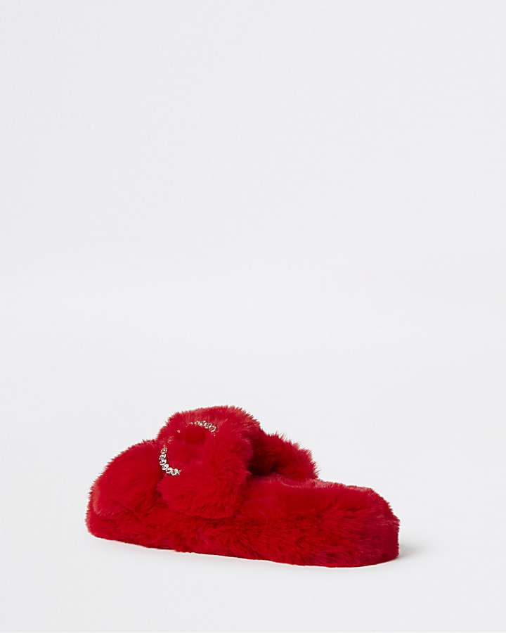 Red faux fur slippers