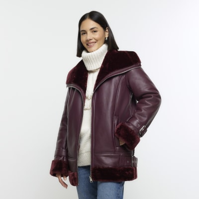 Red faux leather aviator jacket River Island