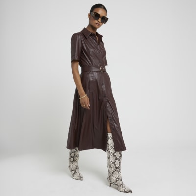 Red Faux Leather Belted Shirt Midi Dress River Island