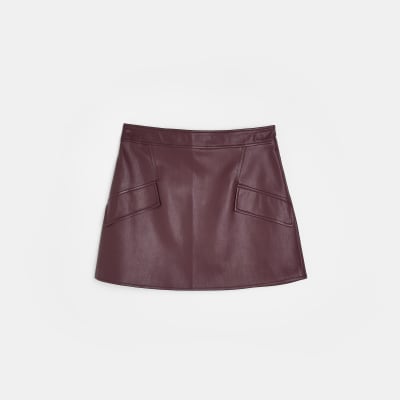 Maroon leather skirt outlet river island