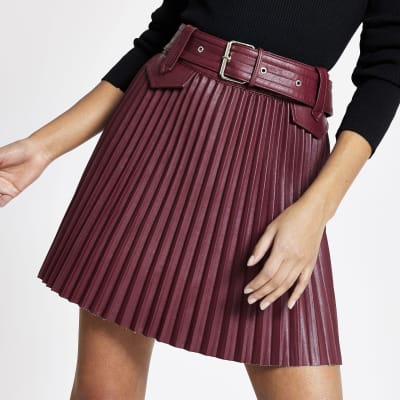 burgundy faux leather pleated skirt