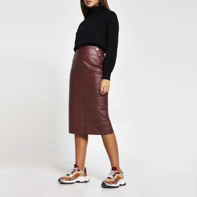 Red faux leather quilted midi pencil skirt | River Island
