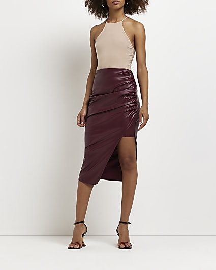 Red faux leather ruched midi skirt